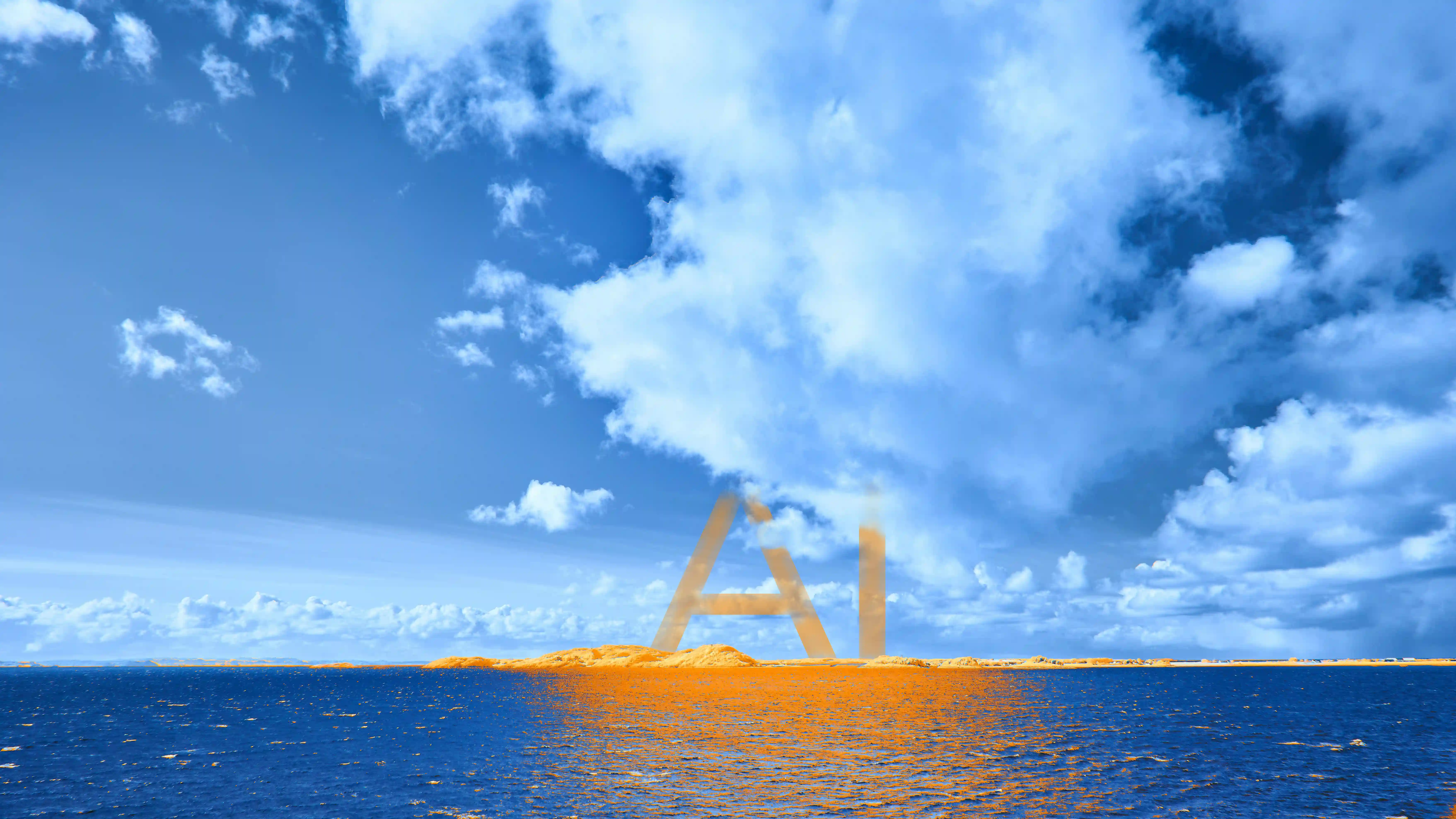 The image shows a wide ocean scene under a bright blue sky filled with large, soft clouds. On the horizon, there’s a small, sandy island or land formation glowing in warm orange tones, which reflect onto the surface of the water in the foreground.  Superimposed over the island is a large, semi-transparent “AI” text, blending into the scene as if it’s part of the landscape or rising from it. The composition feels symbolic—like artificial intelligence emerging on the horizon—giving it a futuristic or conceptual vibe.  The contrast between the deep blue water and sky and the vivid orange land makes the image visually striking and a bit surreal.