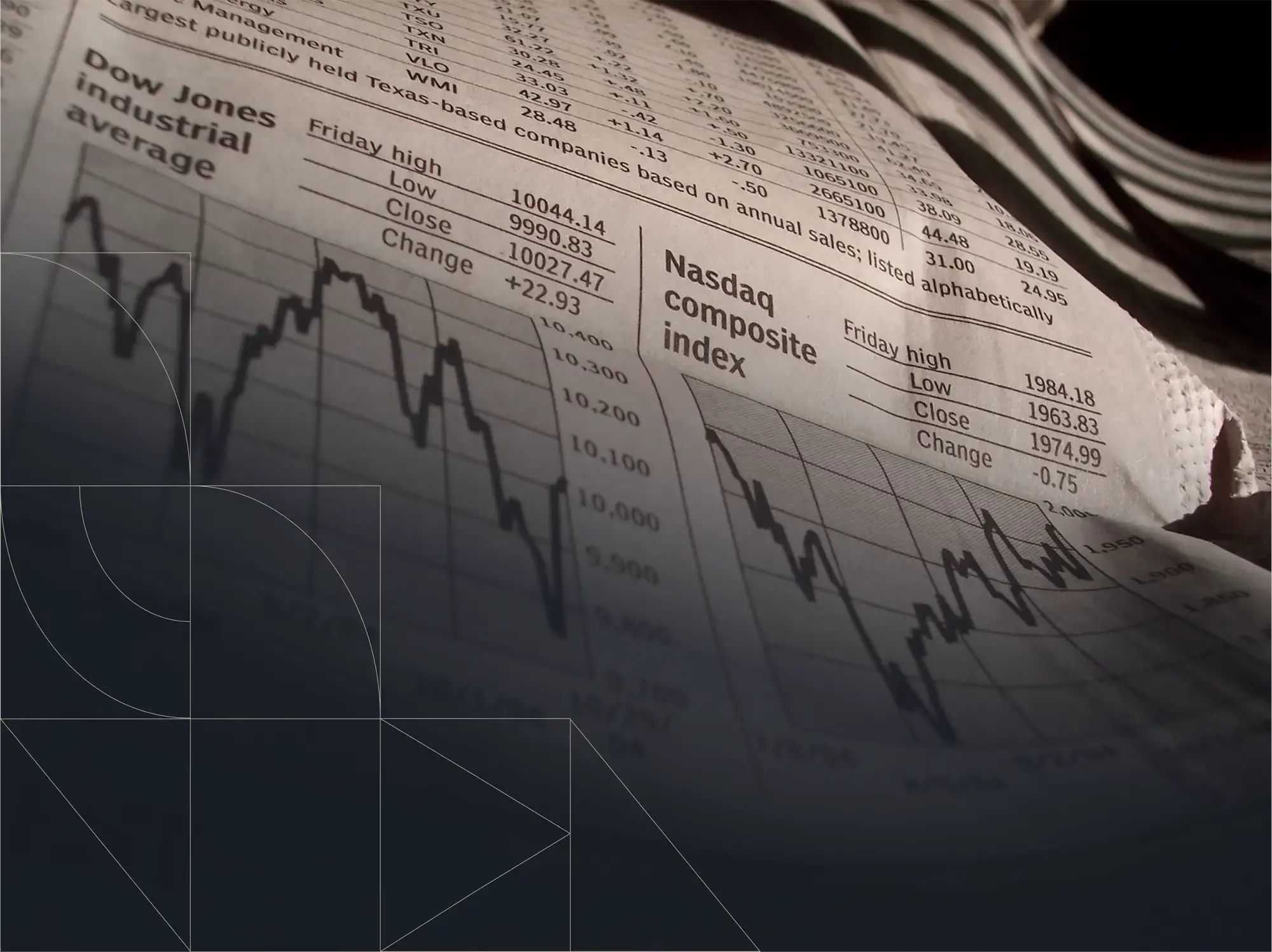 Close-up of a newspaper financial page showing stock market information, including charts for the Dow Jones Industrial Average and the Nasdaq Composite Index. The page displays line graphs and figures for highs, lows, closing values, and changes, with part of a coffee cup visible in the upper corner and faint geometric design overlays on the left.