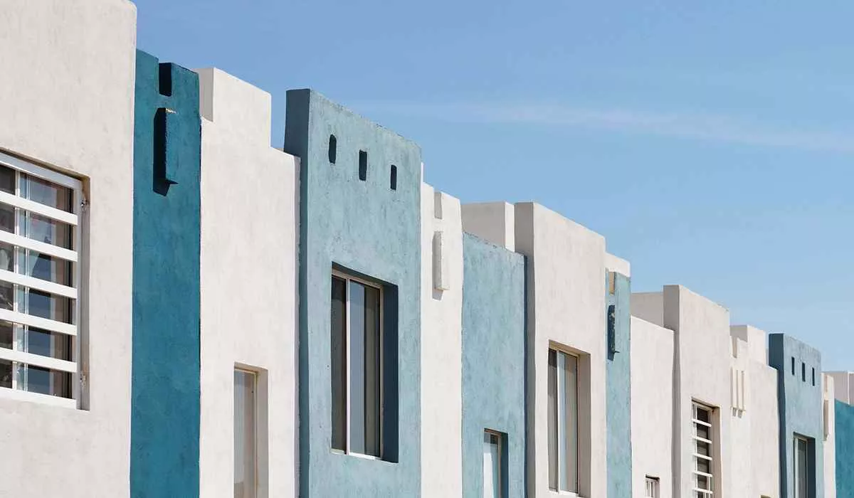 Blue and White Colored Apartment Buildings