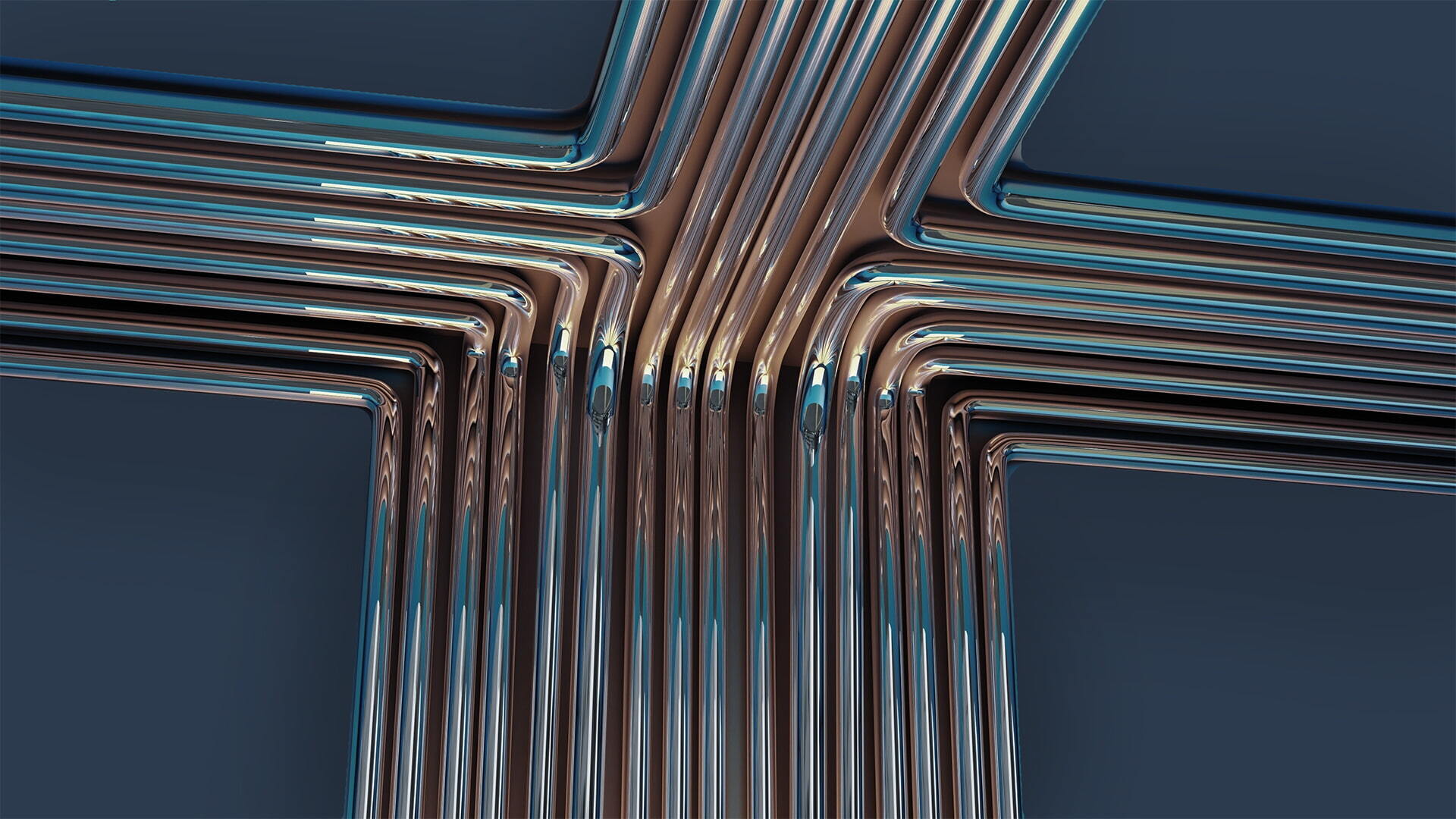 This abstract image features highly reflective metallic tubing or pipe-like forms arranged in a symmetrical geometric pattern. The tubes have a copper or rose-gold appearance with glossy highlights, set against a bright cyan-blue background. The composition creates a futuristic, almost architectural feel, with strong repetition and mirrored angles converging toward the center. The polished reflections and smooth curves give it a sleek, digital-art aesthetic.